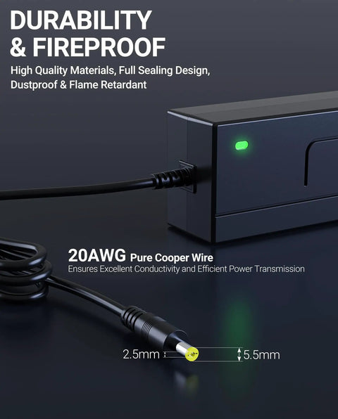 Close-up of 42V 2A Electric Scooter Charger with 9.8ft cord showing 2.5mm and 5.5mm connectors, highlighting durability features.