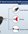 Compact Pressure Washer Gun with One Quarter Inch Quick Connector showcasing Turbo Nozzle, Red Nozzle, and Surface Cleaner.