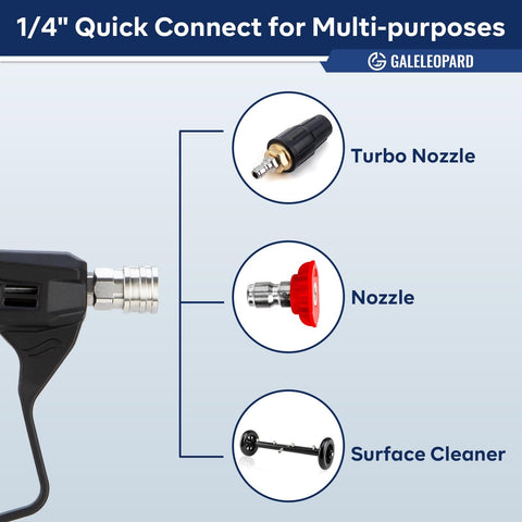 Compact Pressure Washer Gun with One Quarter Inch Quick Connector showcasing Turbo Nozzle, Red Nozzle, and Surface Cleaner.