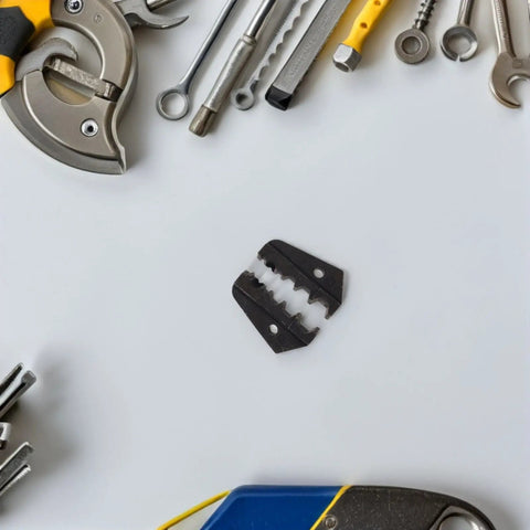 Heavy Duty Air Crimping Die Replacement For Hydraulic Terminal Pliers Machine Fits Open Barrel Copper Wire Connector on a workspace.