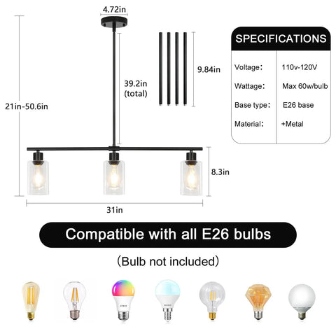 Diagram of 3 Light Black Kitchen Island Lighting Fixture Over Table Totally Modern Linear Chandelier with specs and E26 bulbs