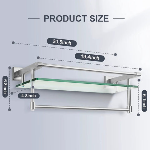 Brushed Nickel 20 Inch Glass Bathroom Shelf With Towel Bar, Stainless Steel Tempered Glass Shelf, Wall Mount Over The Toilet