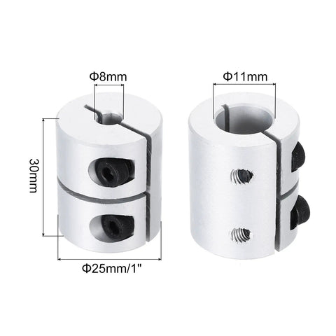 Aluminum Shaft Coupling 8 To 11mm ID, 30mm Length Rigid Motor Connector For 3D Printers And DIY Robots, Heavy Duty Torque Aluminum Alloy Coupler For Smooth Transmission And Easy Install. 25mm OD, 8mm and 11mm bore shown