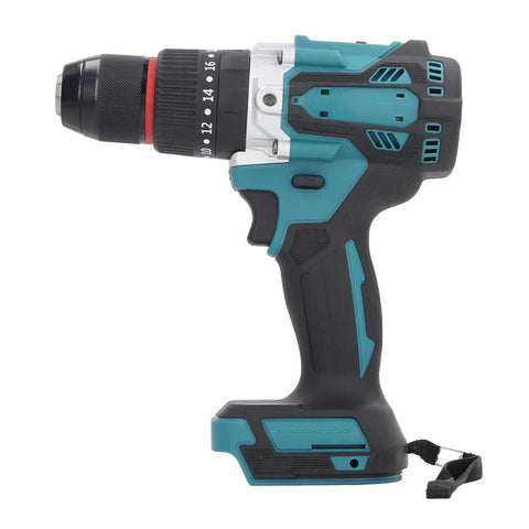 Built Like A Tank Cordless Impact Drill Pumping 140Nm Power with black and teal design, 1/2 inch chuck, solid grip.