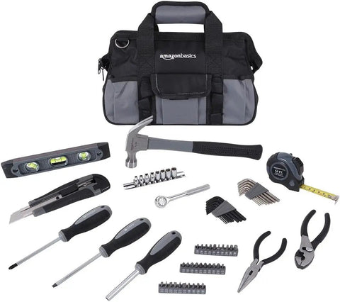 65 Piece Home Repair Tool Kit With Carrying Bag For DIY And Home Improvement, Includes SAE And Metric Hex Keys, 13 Ounce Fiberglass Hammer, 16 Foot Auto Lock Tape Measure, 9 Inch Torpedo Level, And Retractable Utility Knife With 8 Snap Off Blades