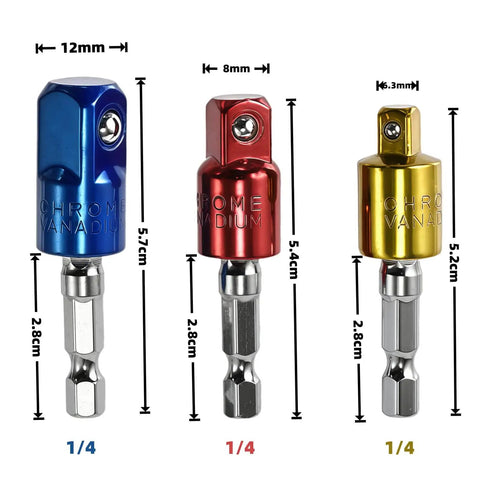 360 Degree Rotatable Socket Adapter Set For Drill Chucks Hex 1/4 3/8 1/2 Inch Convert Your Drill Into A High Speed Nut Driver Impact Grade CR-V 3 Piece, showing blue, red, and gold adapters with dimensions.