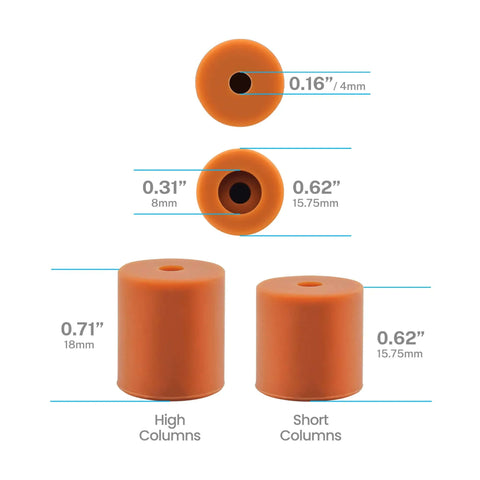 Diagram of high and short silicone column mounts for 3D Printer Bed Leveling Upgrade Kit With Silicone Column Mounts And Leveling Spring Replacements 8 Pack For Quick Setup And Stable Prints That Resist Bed Shake And Layer Shifts with measurements.