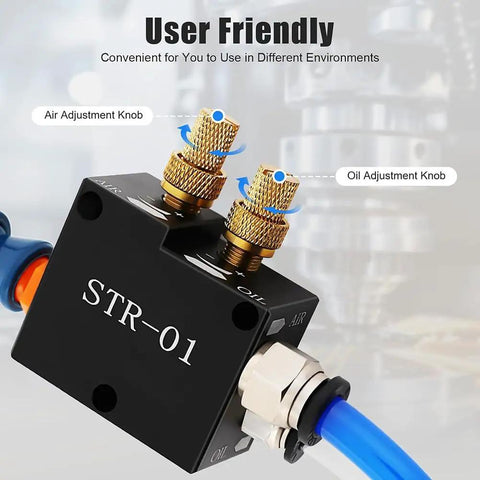 Heavy Duty No Sweat Coolant Spray Pump Kit With Dual Nozzle Lubrication System For Cnc Lathe Milling And Drilling Machines showing air and oil adjustment knobs.