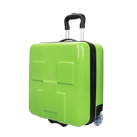 Minecraft Creeper 15 Inch Molded Hardside Carry On Luggage For Kids And Toddlers shown sideways with blocky Creeper design.