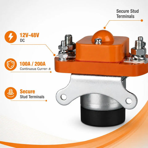 Heavy Duty 24V Dc Contactor And 200 Amp Power Relay Built Different For Ev Forklifts And Electric Trikes Featuring Silver Alloy Contacts For Smooth No Sweat Operation All Day Long, showing secure stud terminals and orange casing.