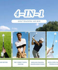 Four panels showing Retractable Golf Swing Trainer With Arm Band For Right Handed Golfers used in various training exercises.