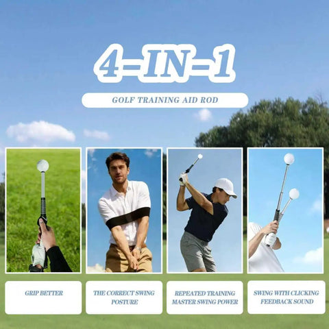 Four panels showing Retractable Golf Swing Trainer With Arm Band For Right Handed Golfers used in various training exercises.