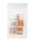 Lever Nuts 221-415 5 Conductor Compact Connectors 10 Pack in clear plastic bag, showing transparent housing and connectors.