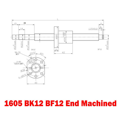 Technical drawing of 1605 BK12 BF12 end machined for Double Nut Ball Screw Assembly For CNC Machines 1000mm Length With C7 Pro Grade Precision