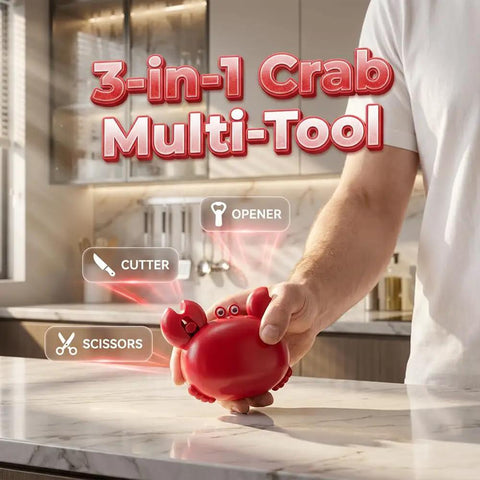 Man holding Three In One Handy Crab Shaped Kitchen Tool With Magnetic Bottle Opener, Cutter And Mini Scissors, Yellow, Compact Multitool.
