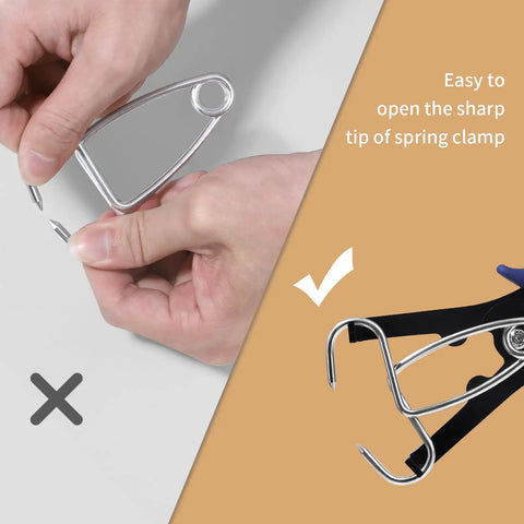 Miter Spring Clamps Kit For Woodworking With Pliers And Carabiner, showing proper use of spring clamps compared to incorrect handling.