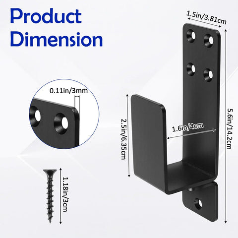 Heavy Duty Door Barricade Brackets Set For 2x4 Lumber U Shaped Gate Holder with dimensions and screw visible