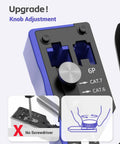 Close-up of Versatile All In One RJ45 Crimp Tool with adjustable knob for CAT7 to CAT5e, blue, showing no screwdriver needed feature.