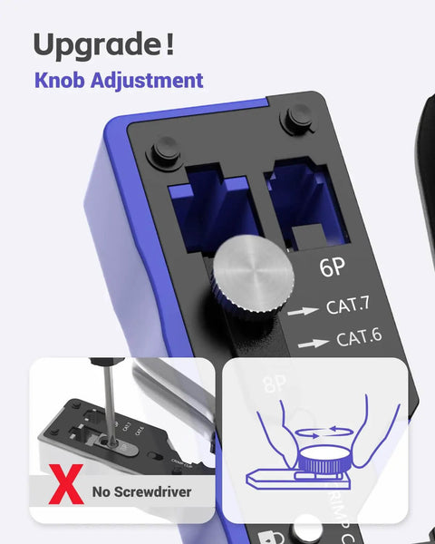 Close-up of Versatile All In One RJ45 Crimp Tool with adjustable knob for CAT7 to CAT5e, blue, showing no screwdriver needed feature.