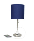 Blue drum shade on Brushed Steel Desk Lamp With Built In Charging Outlet And Drum Fabric Shade, Slim Modern Table Light In Gray For Home Or Office, Plug In Convenience And Clean Sleek Look