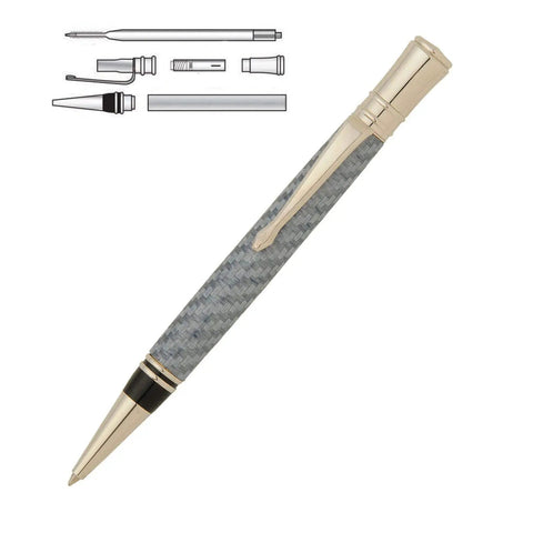 Executive Twist Ballpoint Pen Kit Starter Package for Woodturning Projects, shown with detailed assembly parts view