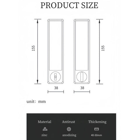 Technical drawing of Concealed Edge Pull Pocket Door Lock With Privacy Function For Recessed Sliding Doors Fits Doors With Thickness From One And A Half To Nearly Two Inches Matte Black Rectangle Mortise Lock And Hidden Pull Handle For Seamless Operation.