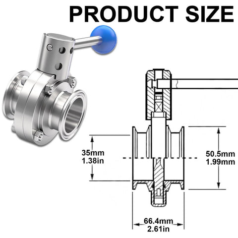 Side view of two-pack 1.5-inch sanitary butterfly valve with pull handle; 304 stainless steel tri-clamp for 1.5" tube OD.