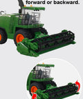 Green RC Tractor Toy With Spray Function And LED Lights Realistic Sound For Kids Super Cool Farm Vehicle showcased with roller mechanism.