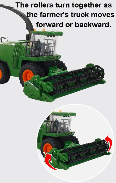 Green RC Tractor Toy With Spray Function And LED Lights Realistic Sound For Kids Super Cool Farm Vehicle showcased with roller mechanism.