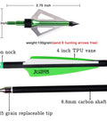 Carbon Crossbow Bolts 20 Inch Arrows Set showing broadhead, 8.8mm carbon shaft, 4 inch TPU vane, moon nock, interchangeable tips