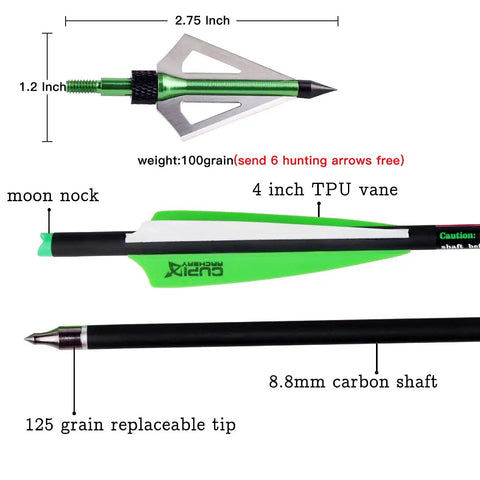 Carbon Crossbow Bolts 20 Inch Arrows Set showing broadhead, 8.8mm carbon shaft, 4 inch TPU vane, moon nock, interchangeable tips