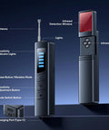 All In One Hidden Spy Camera Detector With RF Signal Scan And Infrared Lens Finder showing antenna, sensitivity lights, and infrared LED