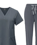 Women Scrub Set For Nurses And Spa Pros, Top And Jogger Pants Workwear, Gray with pockets, machine washable, easy care