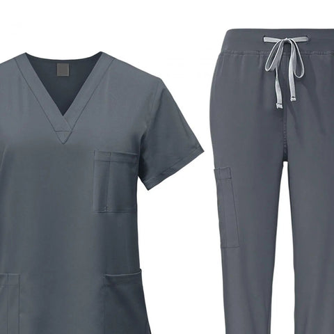 Women Scrub Set For Nurses And Spa Pros, Top And Jogger Pants Workwear, Gray with pockets, machine washable, easy care