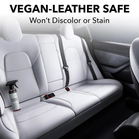 Tesla Seat Cleaner And Stain Remover For Black And White Vegan Leather Interior in car showing non-discoloration on Model Y