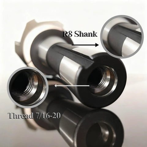 Close-up of R8 Shank Two Point Five Inch End Mill With Replaceable Carbide Inserts, showing R8 shank and 7/16-20 threading.