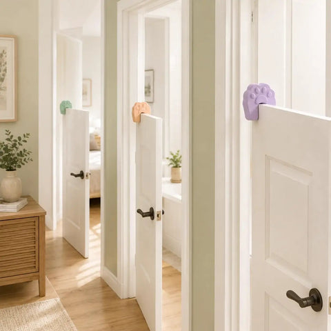Six Pack Soft Foam Paw Shaped Door Stoppers For Finger Pinch Protection In Pastel Colors Sage Cream Peach Lavender Butter Yellow White Ideal For Homes With Kids And Pets fitted on white doors in a hallway