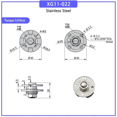 XG11-022 stainless steel adjustable torque hinge disk, 30 mm dia, 4x M3 holes, 3.0 N·m torque, 1 pc