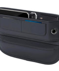 Premium Leather Car Seat Gap Filler Organizer with card slots and stash space, black, universal fit, shown from front angle