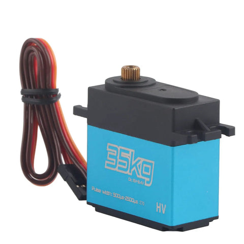 Level Up Your Ride Setup With This Premium 35Kg Digital Servo Featuring Coreless Motor And Full Metal Gears Built Different For 1/8 1/10 Scale Rc Cars To Serve Beast Mode Torque All Week Long. Image of 35kg digital servo with blue casing and wires.