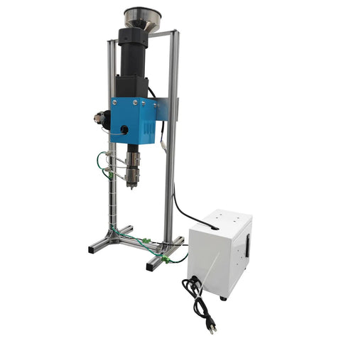 No Stress Single Screw Extruder For 3D Printer Filament Making Smooth Operator Feeding PLA PCL ABS PETG TPU And TPE With Zero Snags Features 1 Inch Barrel 110V Stand Type Plastic Extrusion Rig with blue and silver design.
