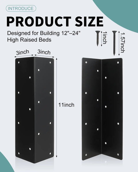 Built Tough Rust Resistant Metal Raised Bed Corner Brackets Set For 12 To 24 Inch Wood Planter Boxes showing size dimensions
