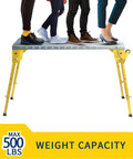 Heavy Duty Steel Welding Table, Kickass Folding Workbench With Smooth Rolling Casters, Adjustable Portable Clamping Bench For Garage Or Woodshop, Solid As A Rock 500 Pound Capacity with people standing on it.