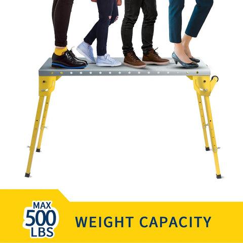 Heavy Duty Steel Welding Table, Kickass Folding Workbench With Smooth Rolling Casters, Adjustable Portable Clamping Bench For Garage Or Woodshop, Solid As A Rock 500 Pound Capacity with people standing on it.