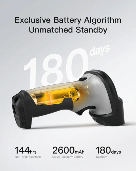 Bluetooth Barcode Scanner With Long Battery Life, 1 Charge Powers 180 Days Standby And 115 Foot Range, Automatic Fast And Precise 1D Scanning, Plug And Play In 3 Seconds, Works With iOS Android Windows Mac Linux Raspberry Pi, showcasing its sleek design with exclusive battery algorithm, 144 hours nonstop scanning and 2600mAh battery capacity.