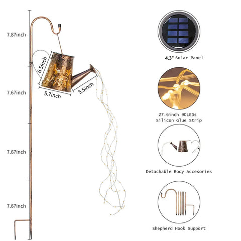 Diagram of Upgraded Solar Watering Can With Lights Outdoor Hanging Lantern, showing dimensions, solar panel, and LED details.