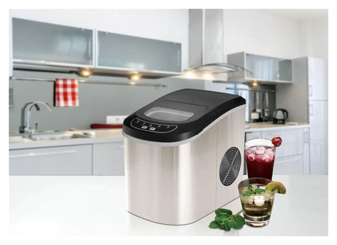 Countertop Ice Maker Automatic Portable For Home One Touch Operation in stainless steel with drinks on counter.