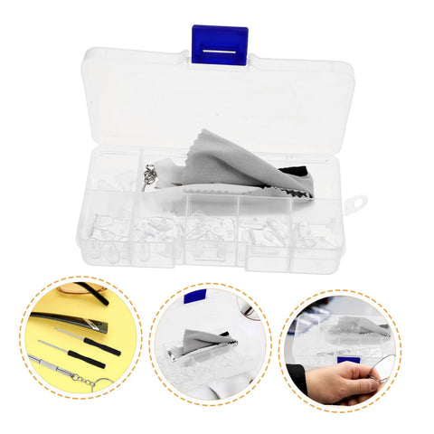 Glasses Repair Kit With Screws Nose Pads And Precision Screwdriver Tools For Quick Eyeglass Fixes At Home displayed in case.