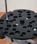 Dead On Five Eighths Inch Plus Sixteen Millimeter Precise Route Guide Bush Straight Shot Alignment Replacement Fitment Heavy Duty Plastic Build For Pro Router Jig Setups mounted on router base.