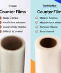Comparison of counter films showing clear countertop protection film 30 inch wide by 600 feet long self adhesive surface protector made in USA